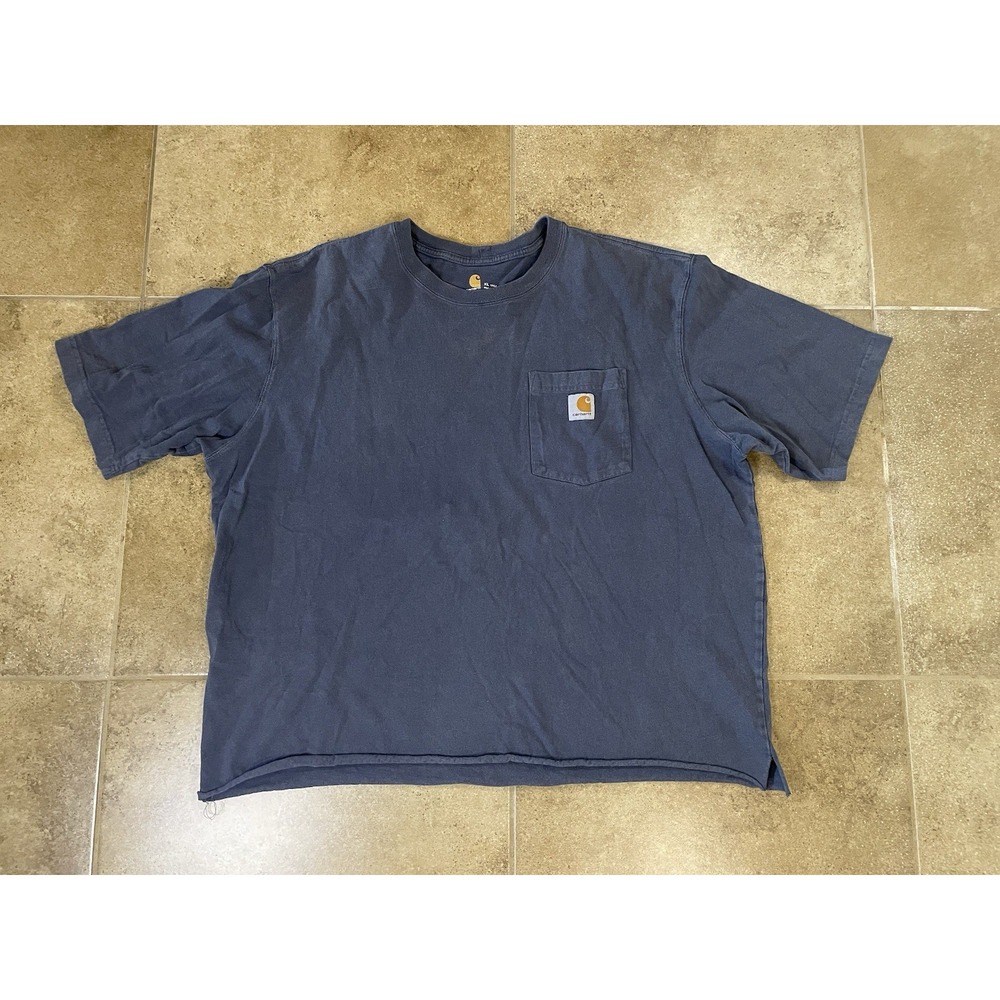 Carhartt Pocket T-Shirt Men's Sz XL Blue Cropped Distressed Cut Off Boxy Tee